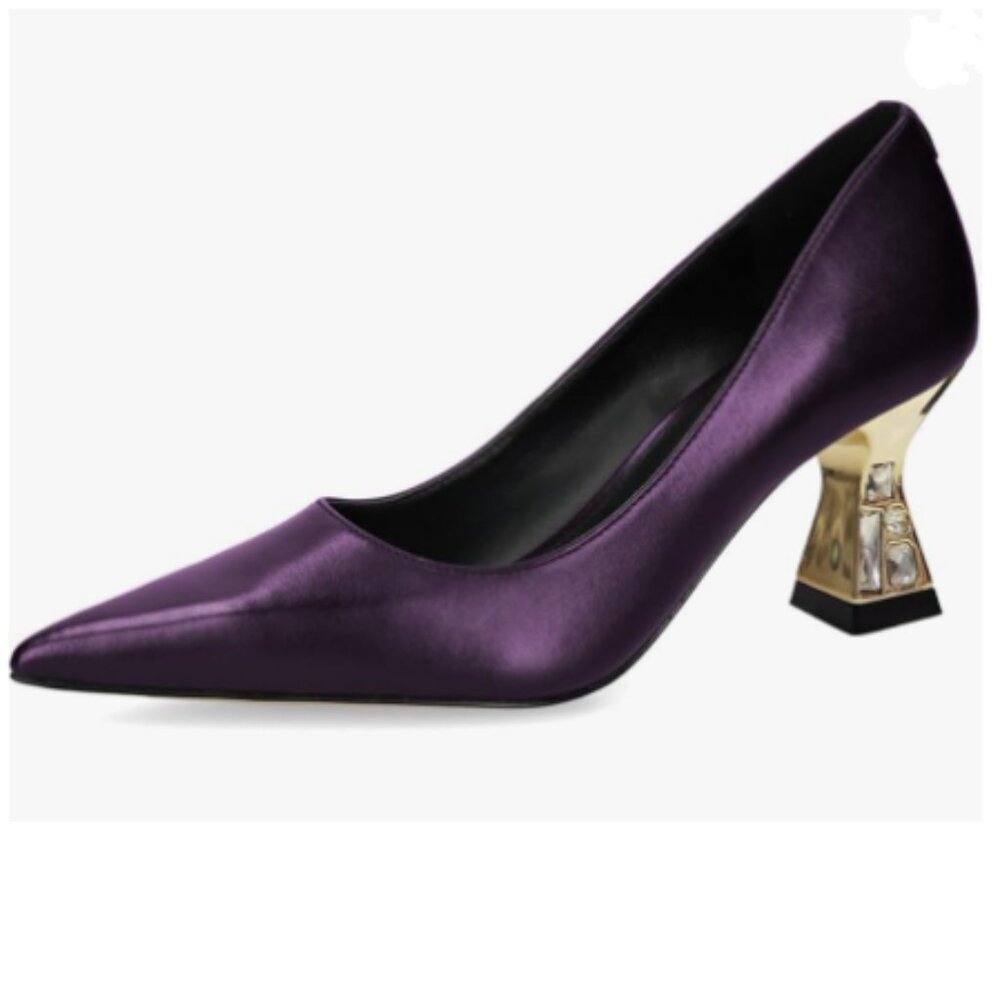 Elegant Women's Pointed Toe Heels in Deep Purple with Gold Accent